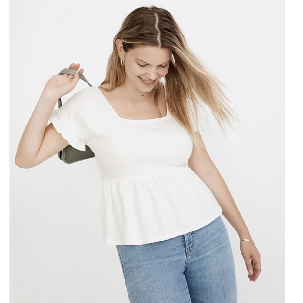 Madewell Light Cream Textured Peplum Top Square Neck Ruffle Sleeve Medium